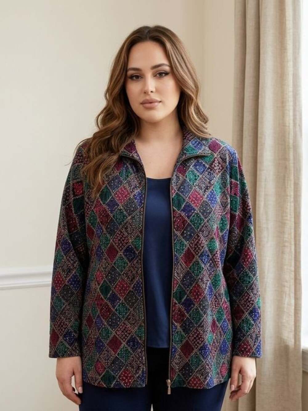 Vintage Silver Thread Thin Jacket Womens Sz LG (14-16) Full Zip 80s Abstract USA
